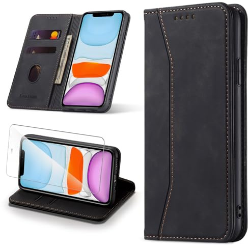 Leaisan Handyhülle für iPhone 11 Hülle [mit Panzer Schutz Glas] Premium Leder Ständer Kartenfach Magnetische iPhone 11 Klapphülle Stoßfeste Flip Case Schutzhülle Tasche - Schwarz