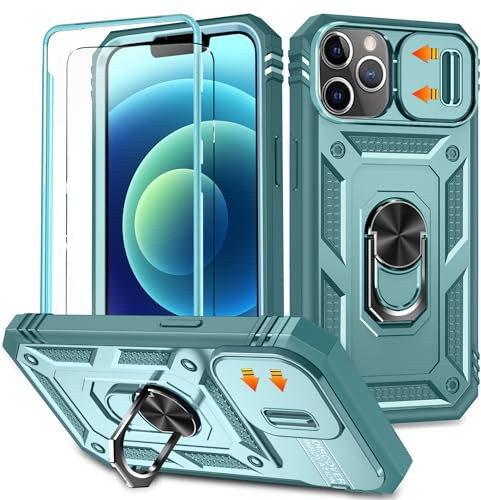 YmhxcY for iphone 12 Pro Max Case with Camera Cover Slider,Screen Protectors,Build in 360°Rotating Ring Kickstand, Military Grade Protective Case for iphone 12 Pro Max 6.7-Green