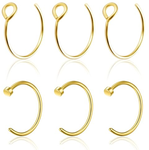 Lyramis Lot de 6 faux piercings de nez dorés - Faux piercing de nez - Anneau de nez - Anneau de nez - Piercing de lèvre - Piercing de nez - Piercing de lèvre - Helix - Cartilage fin pour Nostril