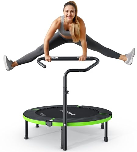 BCAN Trampolin Indoor, 102 cm Jumping Trampolin Fitness, Faltbar, Tragfähigkeit 150 KG, Verstärkte Feder, Verstellbarer Haltegriff mit Schaumstoffpolsterung, Geeignet für Erwachsene und Kinder