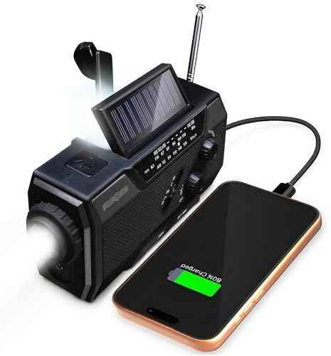 FosPower Radio Portátil de Emergencia Solar con Manivela, Negro - A1 | Batería de 2000mAh con Alarma SOS, Linterna, y Lámpara de Lectura AM y FM para Senderismo, Camping, y Actividades