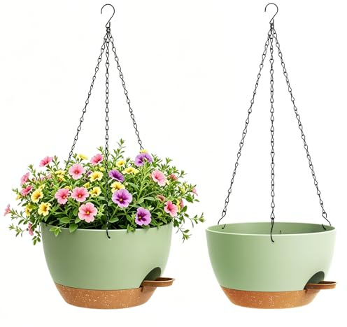 WSMKSZ 20cm Pot de Fleur Suspendu Auto arrosants, Lot de 2, Vert Marron | Jardinières Suspendues pour Intérieur Extérieur avec Drainage et Réservoir Amovible, Suspension Plante pour Balcon, Salon