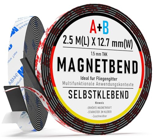 NogmeTaa A+B Magnetband selbstklebend stark, Selbstklebend Magnetstreifen für Fliegengitter & Vorhänge, Magnetklebeband zuschneidbar mit extra starkem Marken-Kleber für DIY & Kunsthandwerk（2.5m+2.5m）