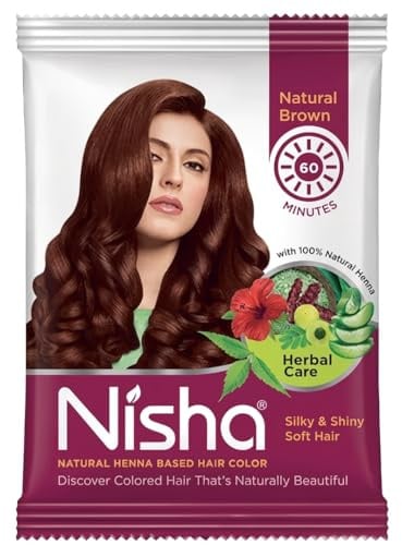 Nisha Henna Haarfarbe 10er Natürliches Braun Pack | Natürliche Pflanzenhaarfarbe mit Amla, Shikakai, Hibiskus, Aloe Vera | Ayurvedisch, Kräuter, Haarpflege Mit Kajal Sticker