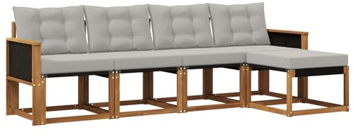vidaXL Outdoor-Sofagarnitur mit Kissen 5 pcs Natürlich und Hellgrau, Gartenmöbel, modernes, langlebiges Outdoor-Sofa, Eckset für Terrasse, Bequeme Lounge und Sitzgelegenheit