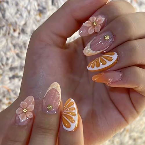 LunarCharm 30 pièces faux ongles à fleurs 3D orange motif orange, ongles en acrylique brillants courts en forme d’amande, capsules à pression couverture complète pour femmes DIY