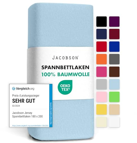 Jacobson Jersey Spannbettlaken Spannbetttuch Baumwolle Bettlaken (120x200-130x200 cm, Hellblau)