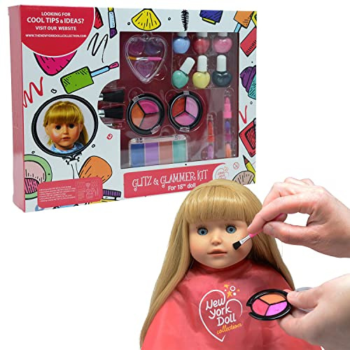 The New York Doll Collection Waschbares Schmink Set - Für Mode Mädchen Puppen und Kinder-Rollenspiel Kosmetik Set Enthält Jede Menge Zubehör - Kinder Anziehsachen - Puppenspielset - Schmink Zubehör
