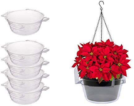 Curtis Wagner Plastics Hanging Basket Drip Pans (5-Pack) | Clear, Round (Diameter = 7.37 Base, 10 Top, 3.7 Depth) Hanging Plant Tray Saucer with Built-in Hooks & Water Catcher for Indoor & Outdoor