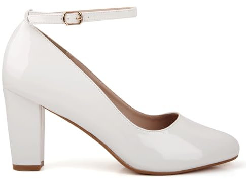 Womens Ladies Block Heel Ankle Strap Work Court Evening Dress Girls Shoes Pumps UK Size 3-8 (6 UK, White Patent)