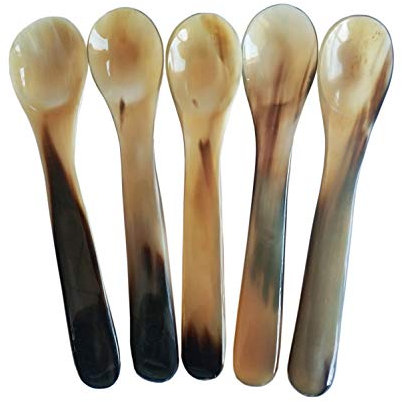 DUEBEL Set of 5 Naturally Handcrafted Buffalo Horn Spoons, 5.6 x 1.1 Dinner Ware Serving Spoon (Light Color)