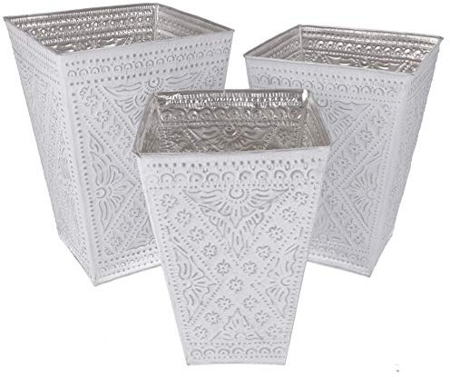 Guru-Shop Corbeille, Cache-pot Exotique en Aluminium Gaufré en Trois Tailles - Blanc, Blanc, Taille : Grand (44x30x30cm), Les Paniers