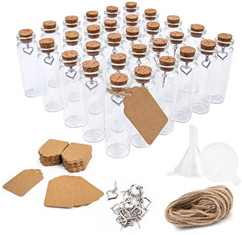 Surmounty Mini Glasflaschen 30Pcs Glasfläschchen mit Korken, 20ml Mini Bottle Set inkl. kleine Glasflaschen, Etikett, Herz Anhänger, Trichter, Juteschnur, Reagenzglas für Gewürze, Kräuter, Sand