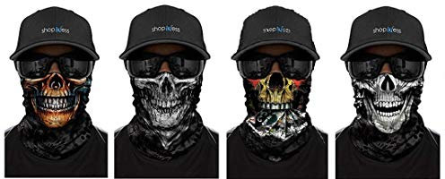 ShopINess Lot de 4 Cache-Cou Foulard Multifonctions Unisexe pour Fêtes Halloween Carnaval, Sport et Activités de Plein Air Tête de Mort Crâne Piercing + Blanc +Cards + Pirate