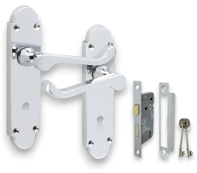 Infinity Decor Pack of Polished Chrome Victorian Scroll Lever Door Handle on Shaped Backplate with Mortice Sash Lock - for Interior and Exterior Door