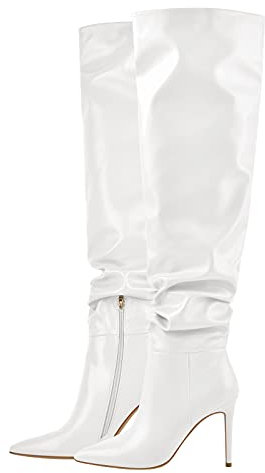Only maker Damen Weitschaft Stiefel mit Absatz Overknees Faltenwurf Reißverschluss Schlupfstiefel Beqeume Modische Stiefel Weiß Creme EU 40