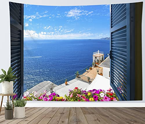 LB Griechische Meer Landschaft Wandteppich Blau Ozean nach Insel Wandtuch Aquarell Blumen Wandbehang Natur Landschaft Tapisserie für Wohnzimmer Schlafzimmer Wohnheim Wanddeko,235x180cm