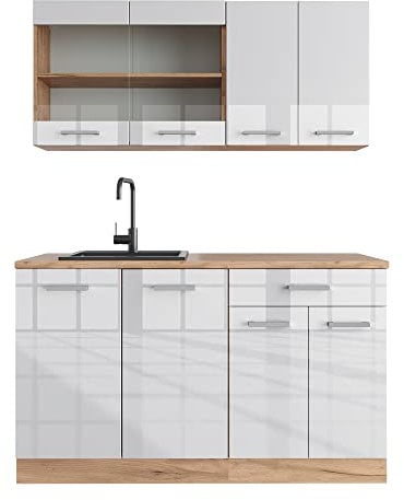 Vicco Singleküche R-Line, Weiß Hochglanz/Goldkraft Eiche, 140 cm ohne Arbeitsplatte