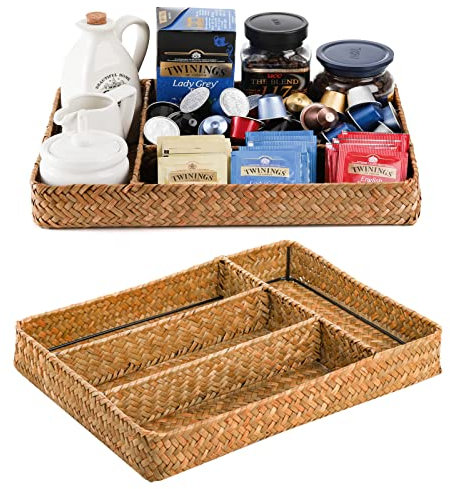 Lyellfe 2 Pack Tea Bag Organizer, 4 Divided Sugar Packet Holder, Handmade Seagrass Wicker Storage Basket for Organizer, Silverware Drawer for Paper, Cutlery, Coffee Pods, Snack