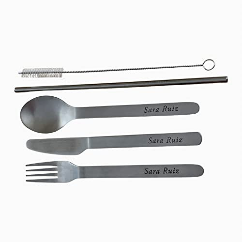 regalo grabado - Cubiertos de Viaje Personalizados | Acero Inoxidable | Grabado Permanente e Imborrable | Apto para Lavavajillas | Ideal para Trabajo y Picnic, Nombre y Fecha