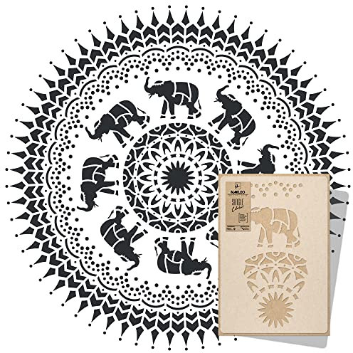 NAKLEO Pochoir Mandala pour Peinture Murale Grand Format Diamètre 220 cm - XXL, Modèle en Plastique et Réutilisable, Eléphant Symbole, DIY Bricolage Artisanat Décoration, Bois Tissu Mueble