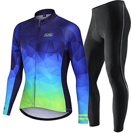 NUCKILY Winter Thermo Fleece Fahrradbekleidung Herren Fahrradhose mit 3D Sitzpolster Windjacke Winddicht Thermo Fleece Langarm Reittrikot Set Radjacke