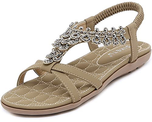 Acfoda Sandalias Mujer Verano Ortopedicas Planas Cómodas Confort Bohemias Casual Zapatos de Playa Beige 40
