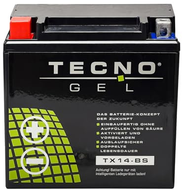 TECNO GEL Motorrad-Batterie für YTX14-BS, 12V Gel-Batterie 12 Ah (DIN 51214), 151x87x145 mm u.a. f Buell, Cagiva, Gilera, Ducati