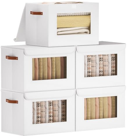 YheenLf 5 Stück Aufbewahrungsboxen, Schrank Organizer, Faltbare Stoffbox mit Deckel, Aufbewahrungsbox Kleiderschrank mit Transparentem Fenster, Kasten Boxen mit Griff, Weiß, 45x30x30cm