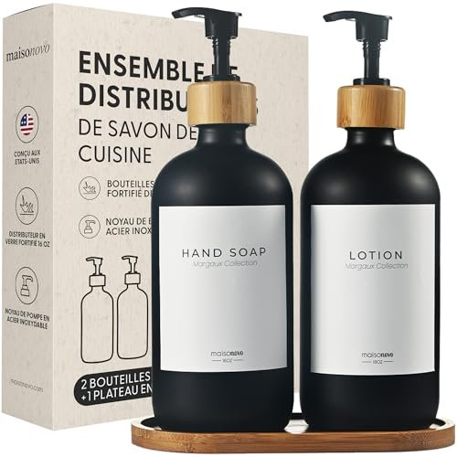 MaisoNovo Distributeur Liquide Vaisselle – Distributeur Savon Verre avec Pompe – Pompe en Bambou Noir 500 ML – Distributeur Savon Salle de Bain - Distributeur Savon Cuisine – Lot de 2 avec Plateau