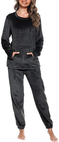 Lovasy Pigiama in Pile Donna Invernali Pigiami Due Pezzi a Maniche Lunghe | con Cappuccio Set Pigiama Caldo Comodo e Soffice con Tasche