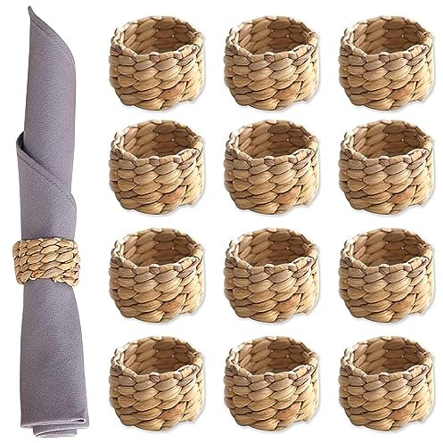 12 Pièces Anneau de Serviette tissé, Naturelle Jacinthe d'eau Porte-Anneaux de Serviette, Ronds de Serviette Rustiques, Rond de Serviette de Table pour Noël, Mariage, Anniversaire, fête