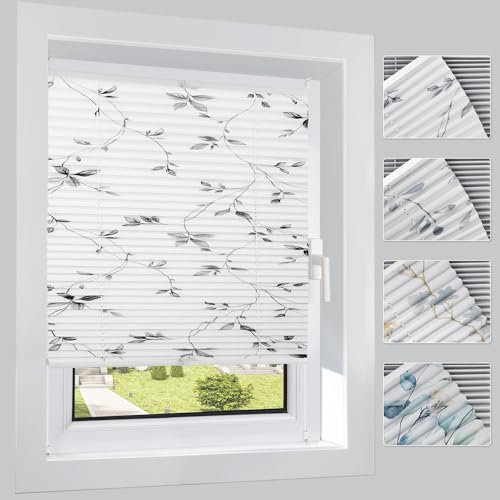 HOMEDEMO Plissee ohne Bohren Verdunkelung mit Weinblätter Streifen Muster, Verdunklungsplissee Klemmfix, B80 x H110 cm, Sichtschutz Sonnenschutz, Rollos für Fenster und Tür