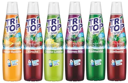 TRi TOP Sirup Mischpaket, 6x600 ml - Getränkesirup für Wassersprudler | Kalorienarm mit weniger Zucker, ideal für Wassersprudler: Kirsche, Zitrone, Waldmeister, Himbeere, Orange & Beeren
