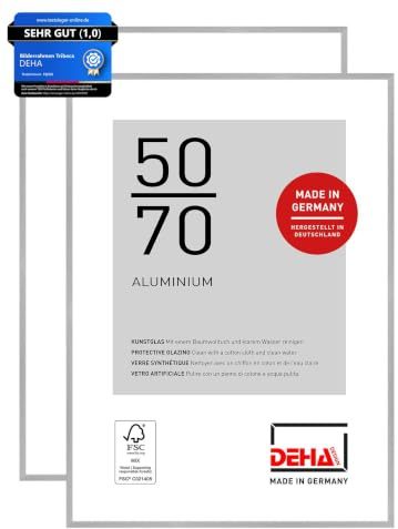 DEHA Design Aluminium Bilderrahmen Tribeca, 50 x 70 cm 2er Set, Silber | Aluminium Posterrahmen im Hoch- & Querformat zum Aufhängen Silber gebürstet bruchsicheres Kunstglas