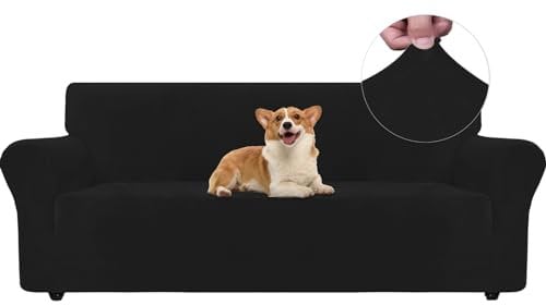 Ystyle Samt Sofabezug 3 Sitzer, Stretch Sofa Überzug, Sofaschoner rutschfest, Elastischer Couch Überzug, Sofa Cover Mit Armlehnen, Couchüberzüge Sofaschutz Katze Couch Überwurf, Schwarz