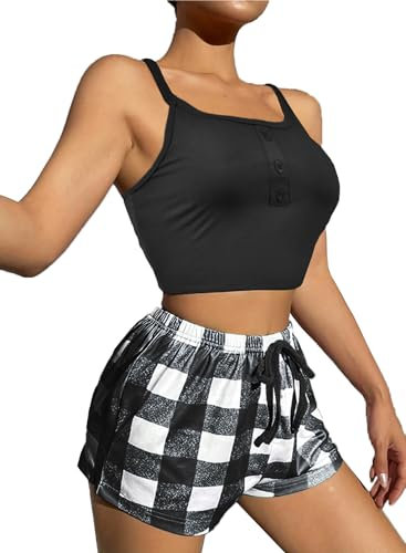 Rayson Pyjama Femme Ete 2 Pièces Ensemble de Pyjama Coton avec Débardeur à Carreaux Confortable Court pour Ete Décontracté VêTements de Nuit(Noir,M)