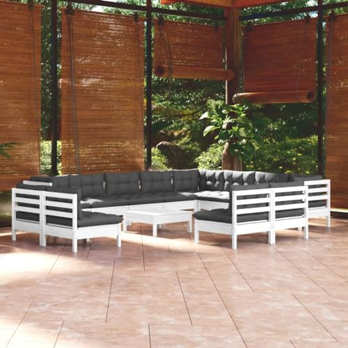 MNISDFL Gartenlounge Biertischgarnitur Terrassenmöbel 13-TLG. Garten-Lounge-Set mit Kissen Weiß Massivholz Kiefer