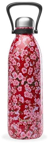 Qwetch - Grande Bouteille Isotherme - Flowers Rouge 1,5L - 48h Froid et 16h Chaud - Etanche & Sans BPA - Gourde Inox avec Poignée de Portage - Thermos isotherme pour Pique-nique, Camping, Famille