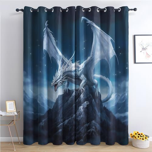 SZLYZM Drachen Vorhänge, Verdunklungsvorhänge mit Muster Fantasie Tiere, Vorhang Blickdicht mit Ösen, Gardinen für Wohnzimmer Schlafzimmer Kinderzimmer Deko 2er Set - 160x132 (H X B) (Wj-&235)