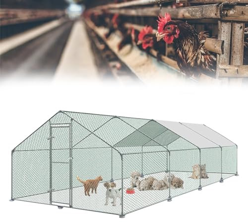HENGMEI Hühnerstall 3x8x2m Freilaufgehege Käfige Kleintierstall Verzinkter Stahl Hühnerkäfig mit PE Dach Außen Freigehege mit Schloss Geflügelstall