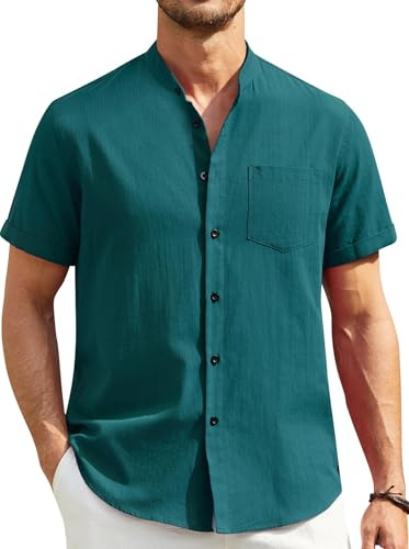Enlision Linen Shirts Summer Collarless Shirts for Men Short Sleeve Grandad Collar Mens Casual Beach Henley Top Buttoned Plus Size Forest Green 3XL