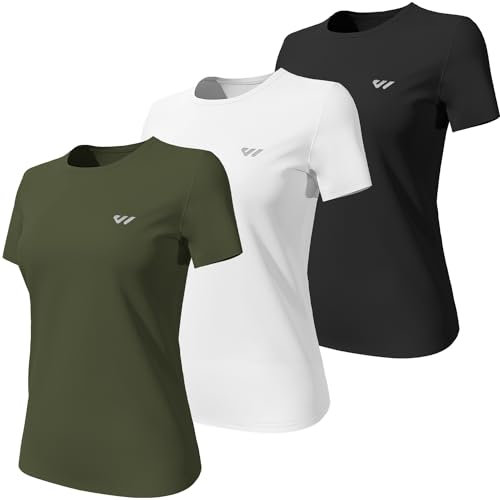 Wulibike 3 or 5er Pack Sportshirt Damen Funktionsshirt Stretch Schnelltrocknend Activewear Atmungsaktiv Laufshirt Kurzarm Fitness Wandershirt UPF 50+ Sonnenschutz Top Schwarz-Weiß-OlivGrün S