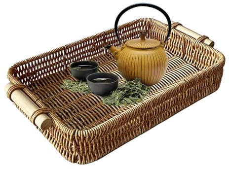 Plateau De Service en Rotin, Plateau en Osier Rectangulaire, Plateau Tissé Rectangulaire | Plateau Décoratif Tissé Naturel pour Organiser Le Comptoir De Cuisine, Plateau Rectangulaire, Panier Tissé