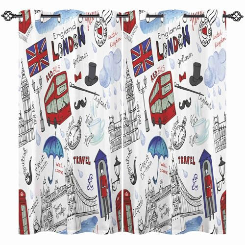ANHOPE Vintage London Symbole Blickdichte Gardinen mit Ösen Thermo Vorhänge Weich Vorhang Blackout Curtain Wohnzimmer Schlafzimmer Verdunklungsvorhänge 2er Set H 138 x B 132 cm