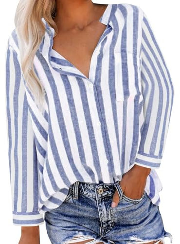 Ybing Chemise rayée en lin pour femme - Chemise tendance en mousseline avec poche - Col montant - Manches longues - Coton et lin - Chemise fine - Confortable - Manches longues - Haut de loisirs, #01