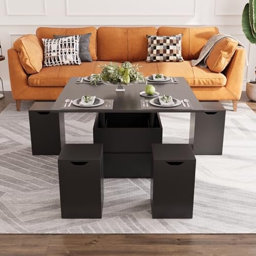 VOWNER Couchtisch Höhenverstellbar, 4-in-1-Multifunktions-Couchtisch Umwandelbar in Wohnzimmer-Esstisch, Couchtisch mit Stauraum, mit 4 Hockern, Schwarz