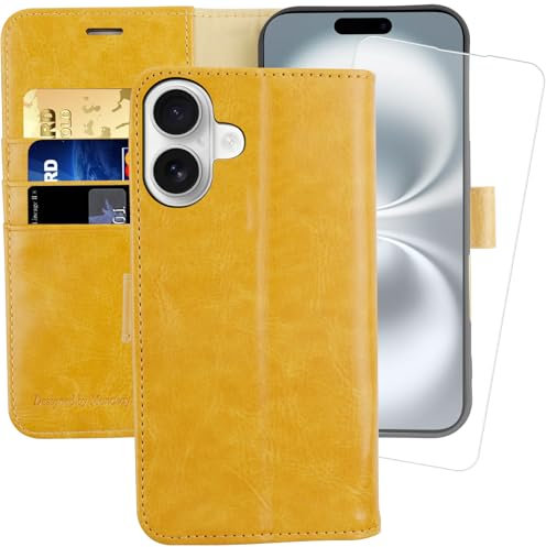 MONASAY for iPhone 16 5G wallet case,[Glass Screen Protector Included] [RFID Blocking] Flip Folio Leather Cell Phone Cover with Credit Card Holder, 6.1-inch, Yellow