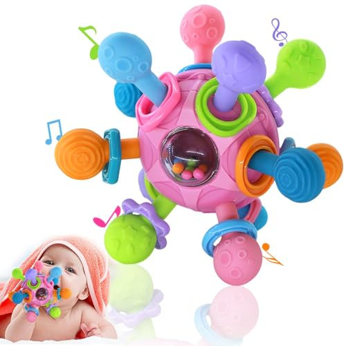 katietoy Baby Spielzeug ab 3 Monate, Sensorik Beißspielzeug, Babyspielzeug 0-6 Monate Mit Shaker/Grab/Spin, Montessori Greifball für Babys, Babys Geschenk ab 0 4 6 9 Monate (Rosa)