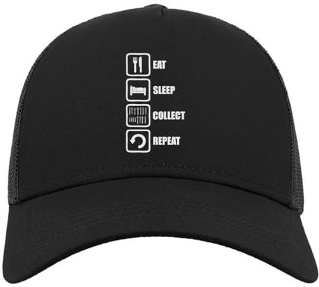 Atspauda Baseballmütze mit Aufschrift Eat Sleep Collect Repeat, halbes Netzgewebe, Baumwolle, Schwarz, Schwarz , Einheitsgröße